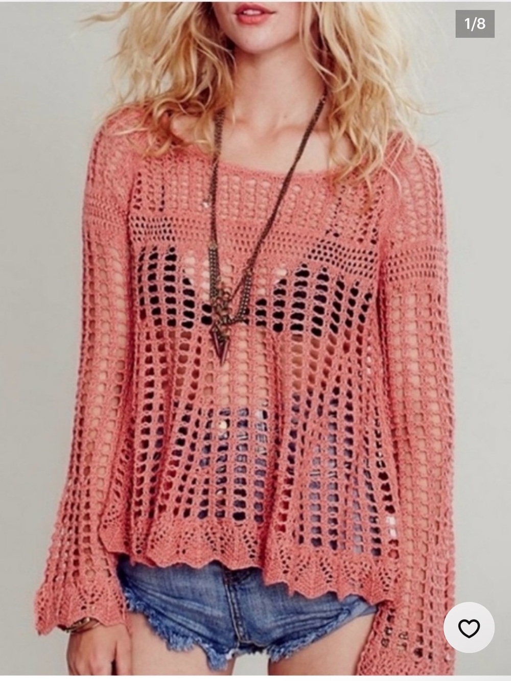 Free People Annabelle Crochet Open-Knit Coral Sweater Top scalloped